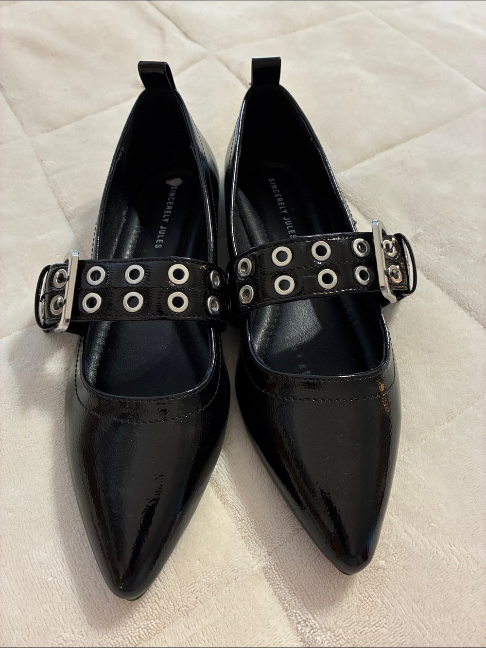 Sincerly Jules Black Patent Pointed Mary Jane Flats with Grommet Strap Buckles